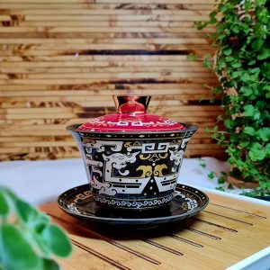 Гайвань порцелянова 150мл з лівітуючею кришкою, червоно-чорна Sancai№6