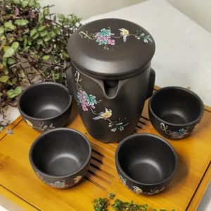 Набір з ісинської глини заварник 325мл та 4піали по 55мл Пташине відлуння, темний №3