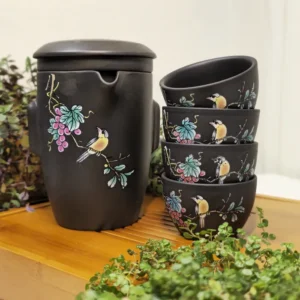 Набір з ісинської глини заварник 325мл та 4піали по 55мл Пташине відлуння, темний №4