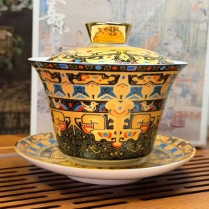 Гайвань порцелянова 150мл з левітуючею кришкою, жовта-золота Sancai у подарунковій коробці №10