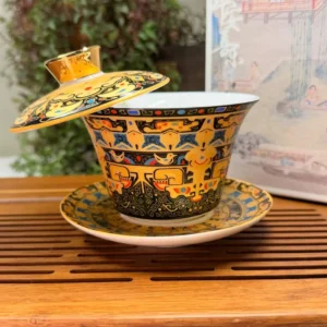 Гайвань порцелянова 150мл з левітуючею кришкою, жовта-золота Sancai у подарунковій коробці №1