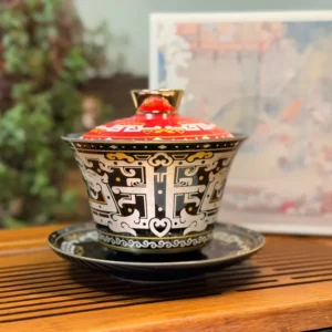 Гайвань порцелянова 150мл з левітуючею кришкою, червоно-чорна Sancai у подарунковій коробці №2