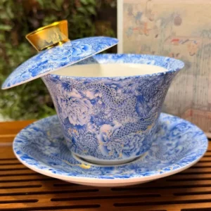 Гайвань порцелянова 150мл з левітуючею кришкою, блакитна Sancai у подарунковій коробці №5