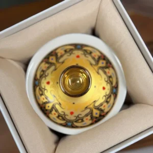 Гайвань порцелянова 150мл з левітуючею кришкою, жовта-золота Sancai у подарунковій коробці №8