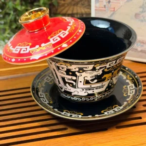 Гайвань порцелянова 150мл з левітуючею кришкою, червоно-чорна Sancai у подарунковій коробці №8